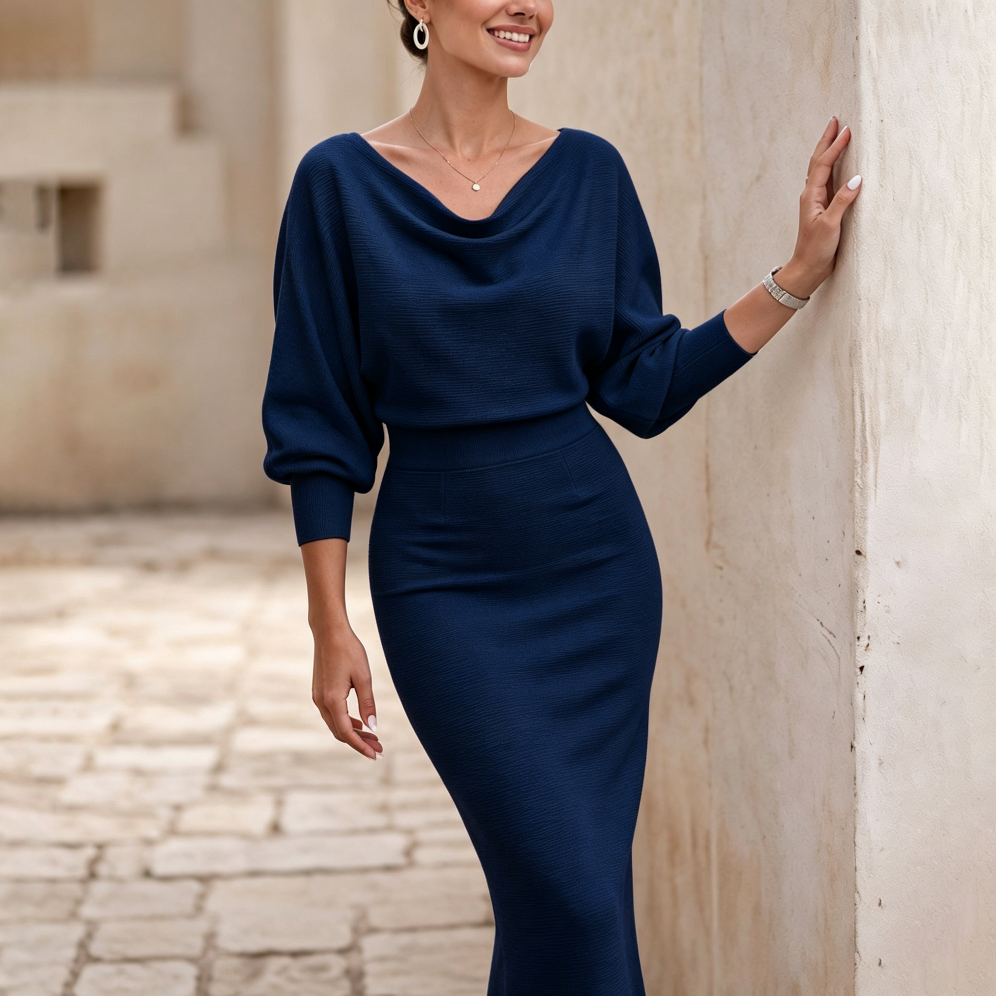 Elegant Temperament Fashionable Bat Sleeve Pure Color Waist-cinching Dress
