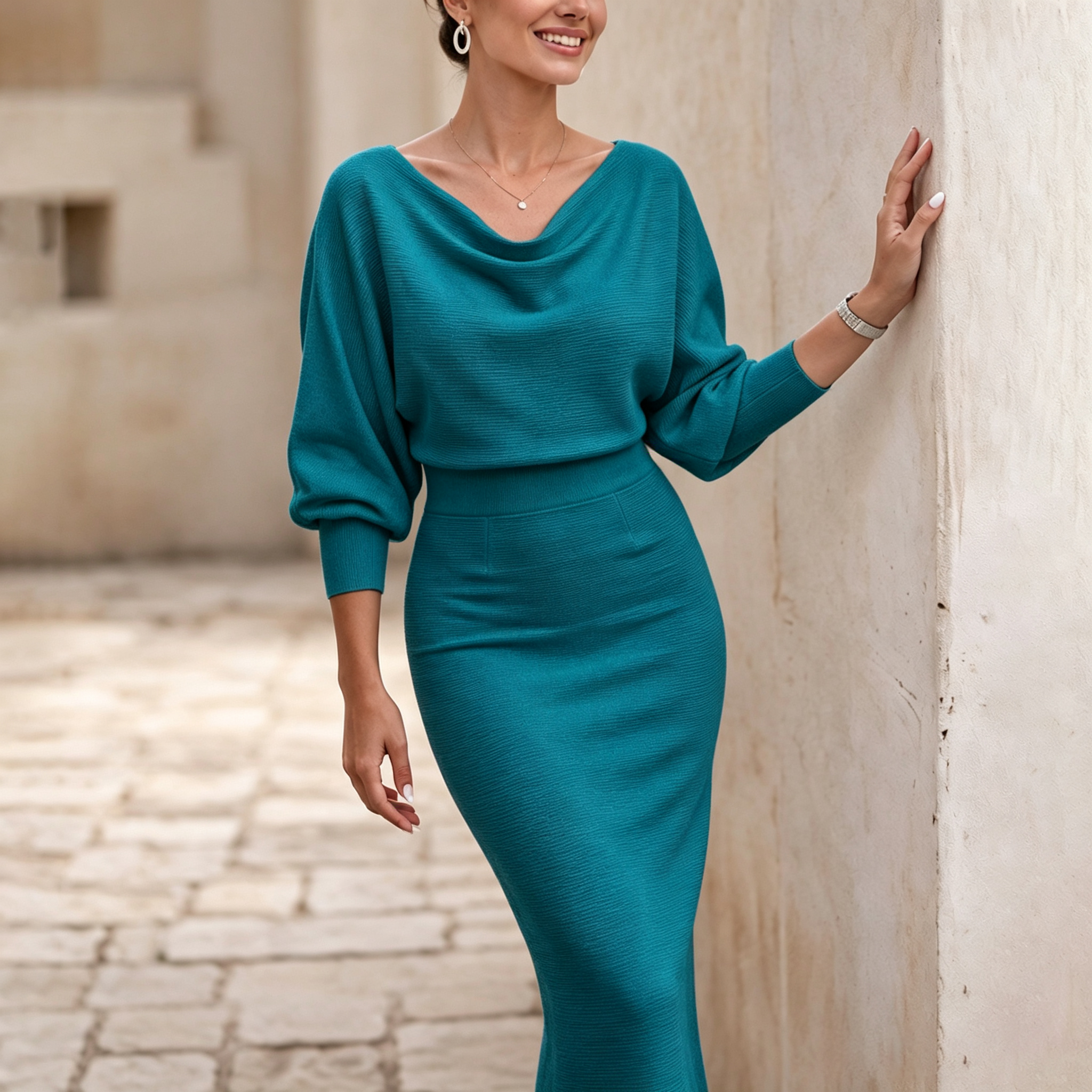 Elegant Temperament Fashionable Bat Sleeve Pure Color Waist-cinching Dress