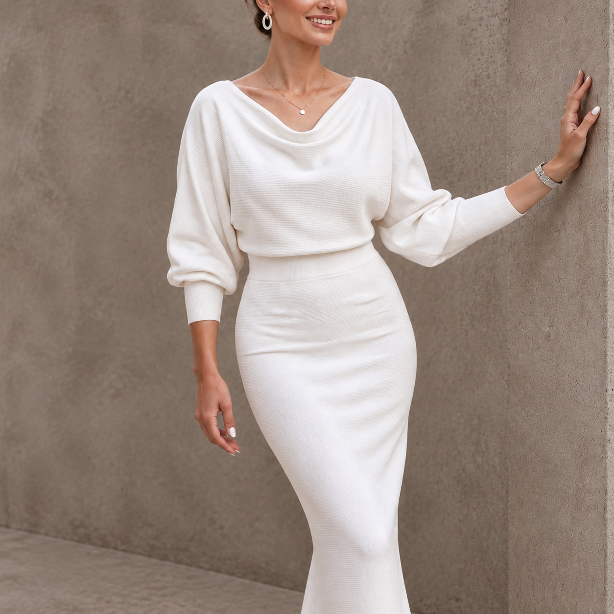 Elegant Temperament Fashionable Bat Sleeve Pure Color Waist-cinching Dress