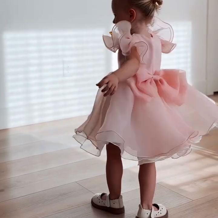 Toddler Pink Puffy Party Formal Pearls Bow Princess Dress