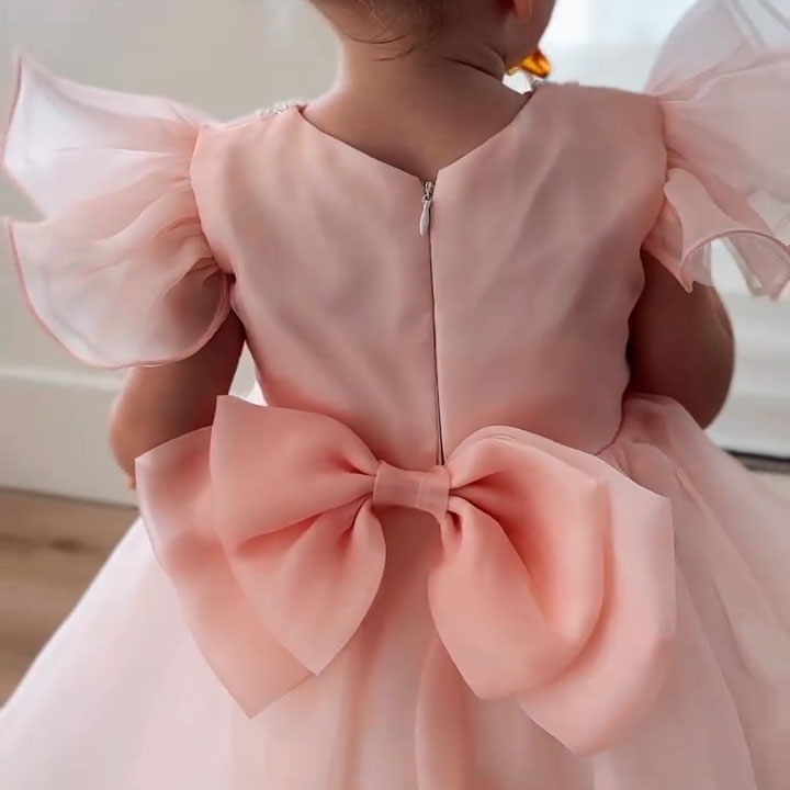 Toddler Pink Puffy Party Formal Pearls Bow Princess Dress