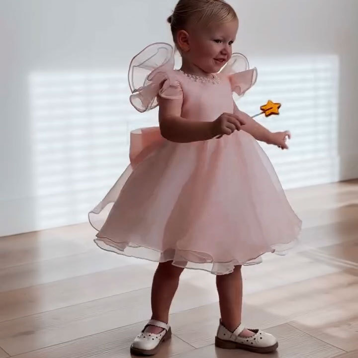 Toddler Pink Puffy Party Formal Pearls Bow Princess Dress