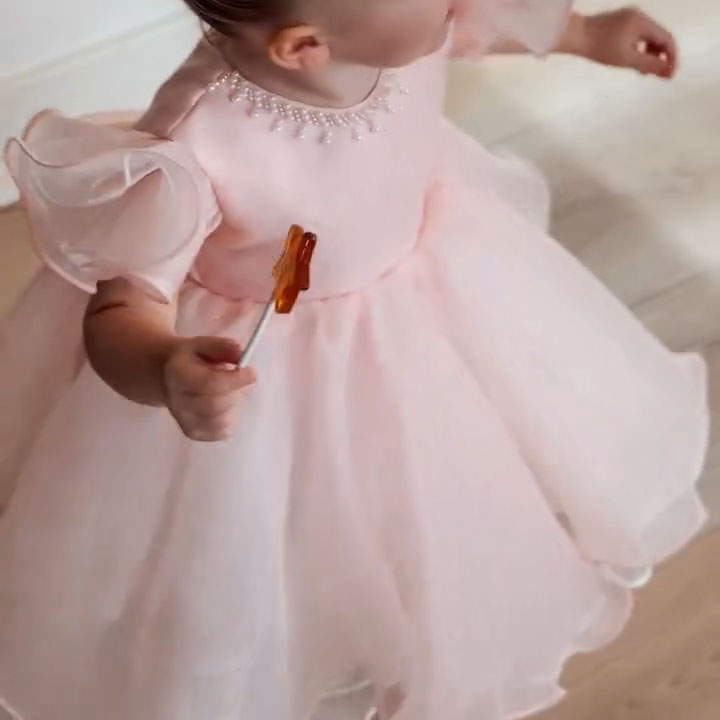 Toddler Pink Puffy Party Formal Pearls Bow Princess Dress