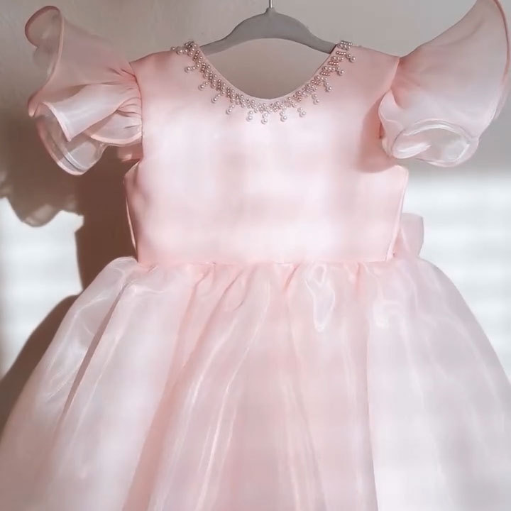 Toddler Pink Puffy Party Formal Pearls Bow Princess Dress