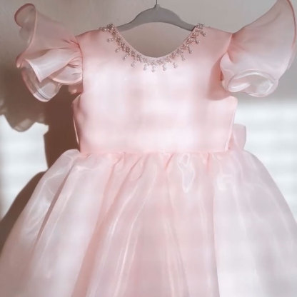 Toddler Pink Puffy Party Formal Pearls Bow Princess Dress