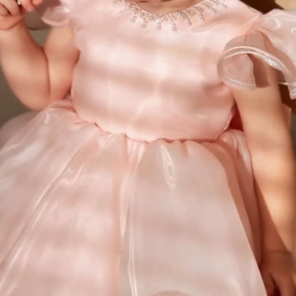 Toddler Pink Puffy Party Formal Pearls Bow Princess Dress
