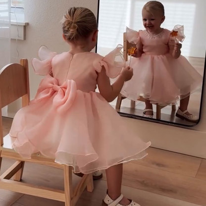 Toddler Pink Puffy Party Formal Pearls Bow Princess Dress