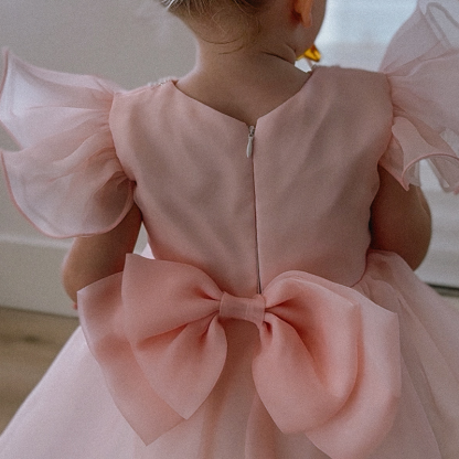 Toddler Pink Puffy Party Formal Pearls Bow Princess Dress