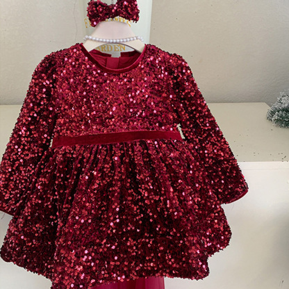 [Archive Sale] Cotton-blend Bow Fleece Sequins Long Sleeve Mid-long Dresses - image 5