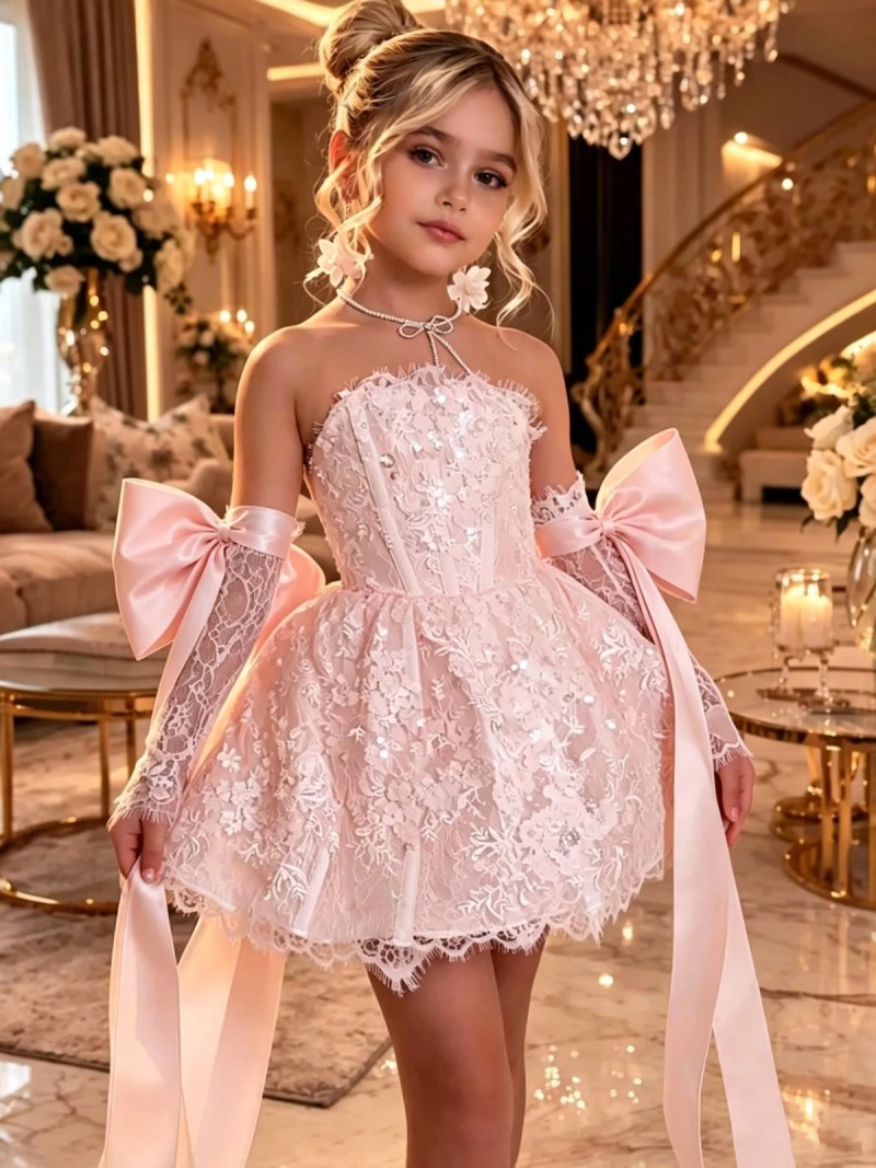 Lace Bow Sleeveless Short Dresses - Pink - 11-12Y - image 7
