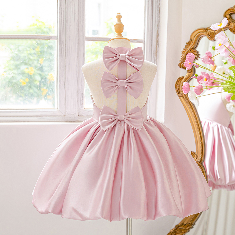 Satin Bow Backless Sleeveless Short Dresses - Pink - 8Y - image 1