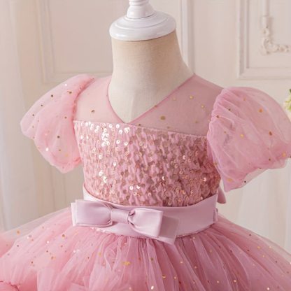 [Archive Sale] Mesh Folds Bow Short Sleeve Mid-long Dresses - image 4