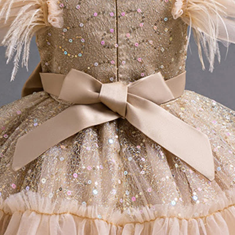 Mesh Feather-trimmed Bow Cap Sleeve Mid-long Dresses - image 29