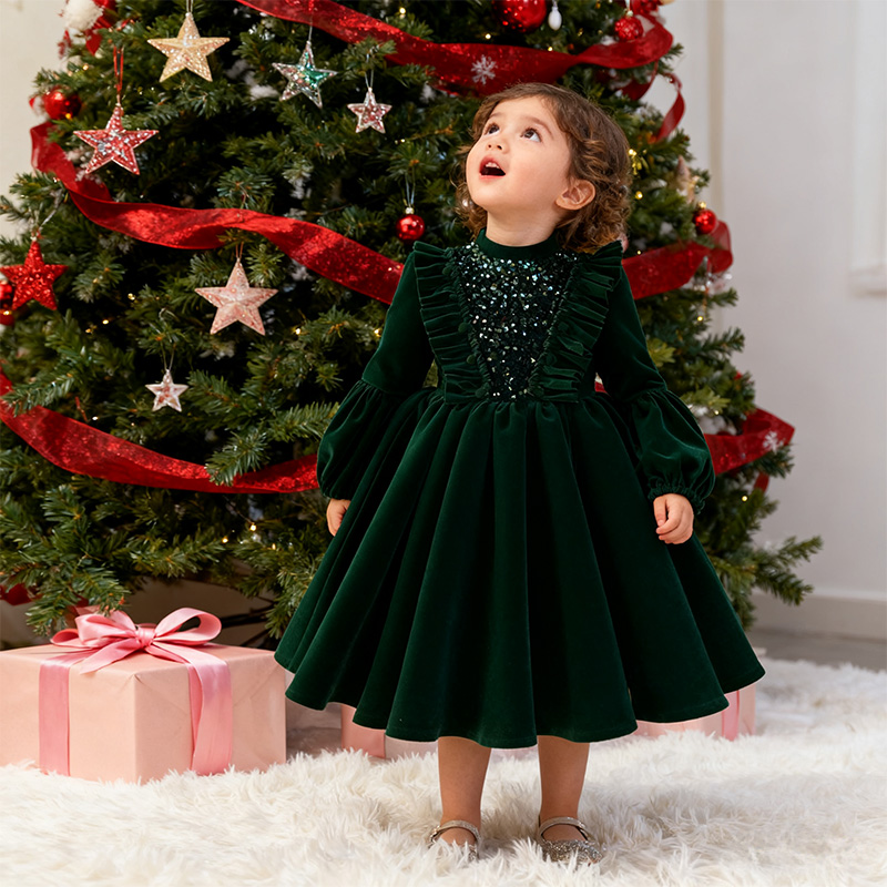 Velvet Sequins Flouncing Half Sleeve Mid-long Dresses - image 22