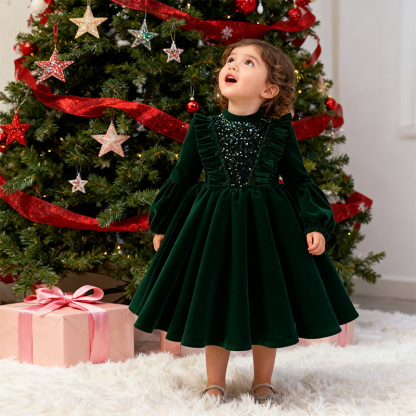 Velvet Sequins Flouncing Half Sleeve Mid-long Dresses - image 22