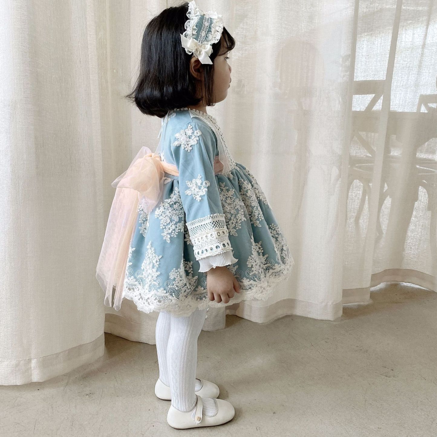 Lace Bow Lace Edge Long Sleeve Midi Dresses With Headband - image 13