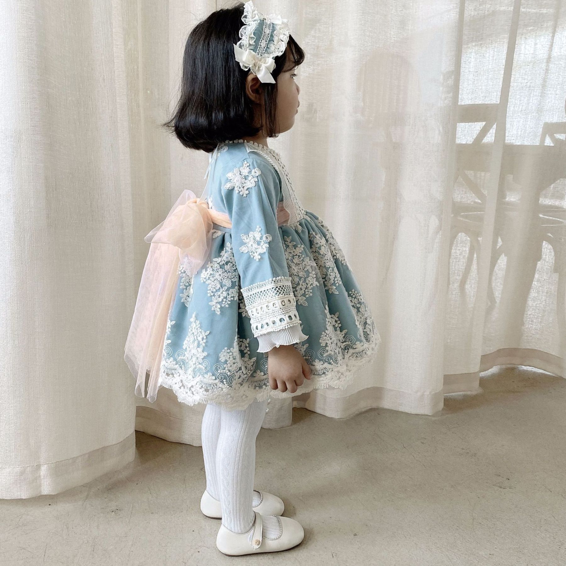 Lace Bow Lace Edge Long Sleeve Midi Dresses With Headband - image 13