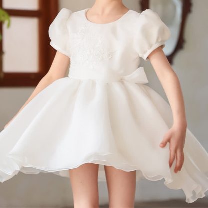 Chemical Fiber Blend Embroidery Bow Short Sleeve Mid-long Dresses - image 3