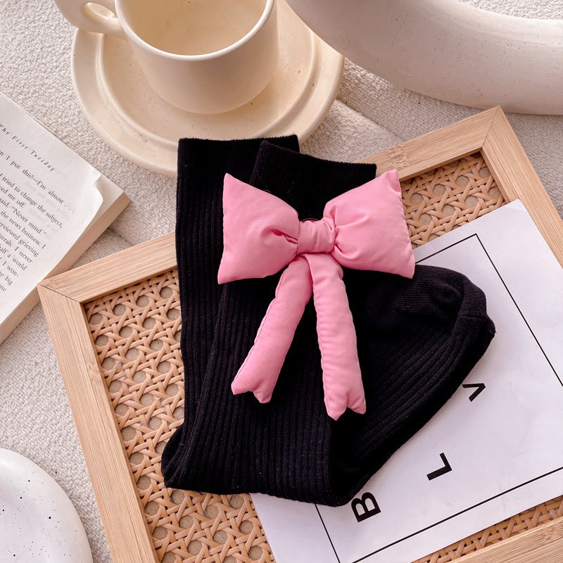 Solid With Bow Socks - Black & Pink - 22cm-24.5cm - image 8