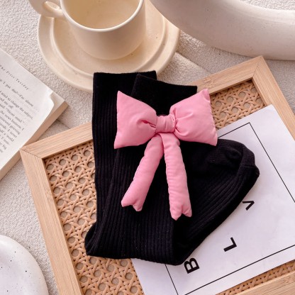 Solid With Bow Socks - Black & Pink - 22cm-24.5cm - image 8