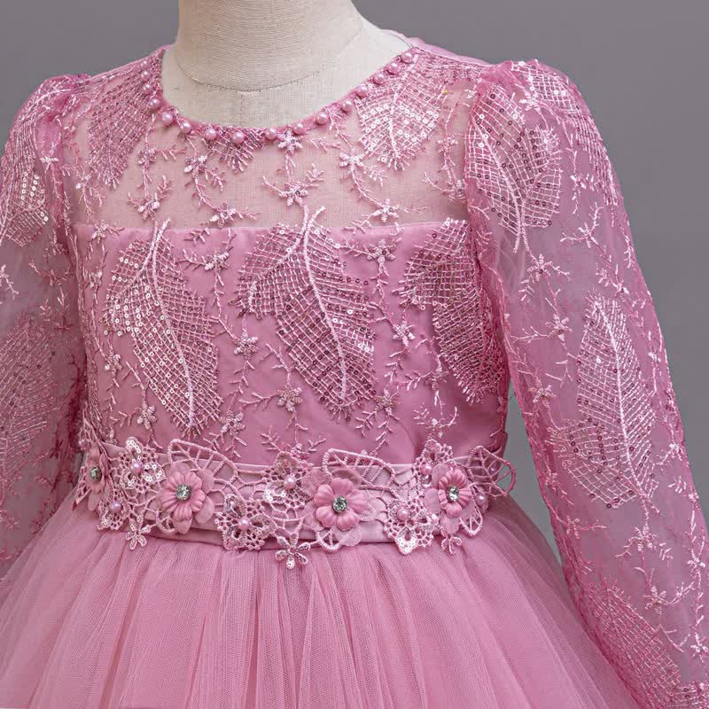 Embroidery Mesh Rosette Crystal Long Sleeve Maxi Dresses - image 4