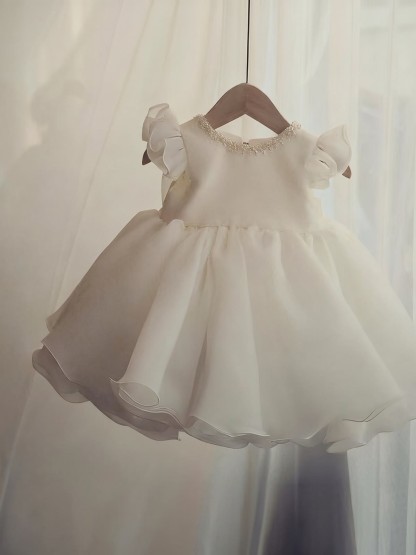 Organza Imitation Pearls Bow Cap Sleeve Midi Dresses - image 7