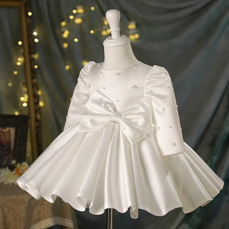 [Archive Sale] Satin Bow Imitation Pearls Long Sleeve Midi Dresses - image 3