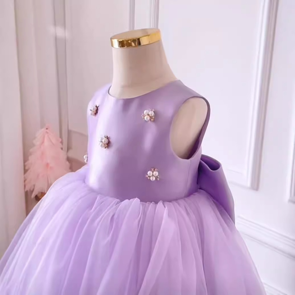 Satin & Mesh Pearl Bow Folds Sleeveless Short Dresses - image 4