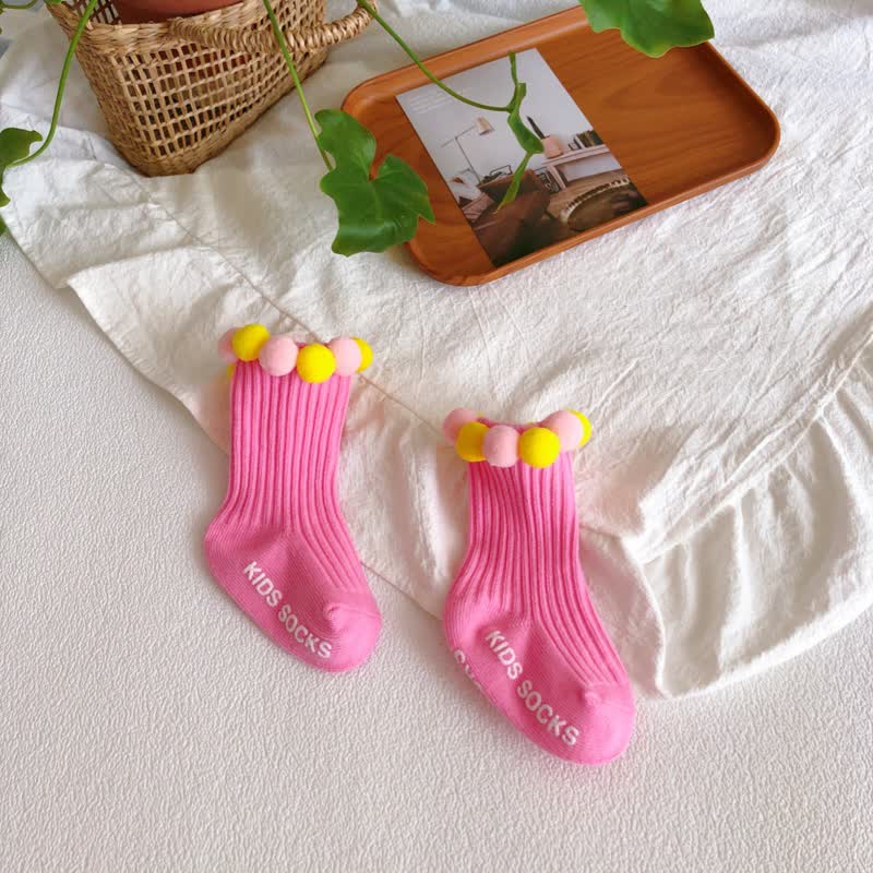 Polka Dots Fuzzy Ball Socks - Rose Pink Yellow - 2-4Y - image 15