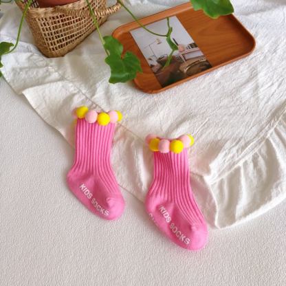 Polka Dots Fuzzy Ball Socks - Rose Pink Yellow - 2-4Y - image 15