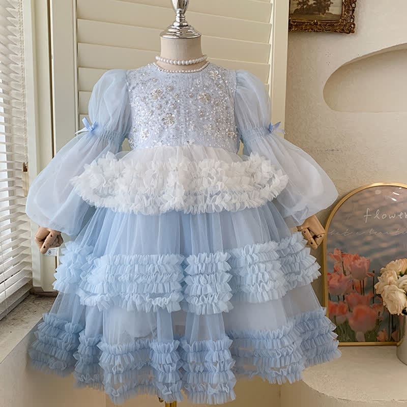 [Archive Sale] Mesh Sequins Folds Long Sleeve Mid-long Dresses - image 5