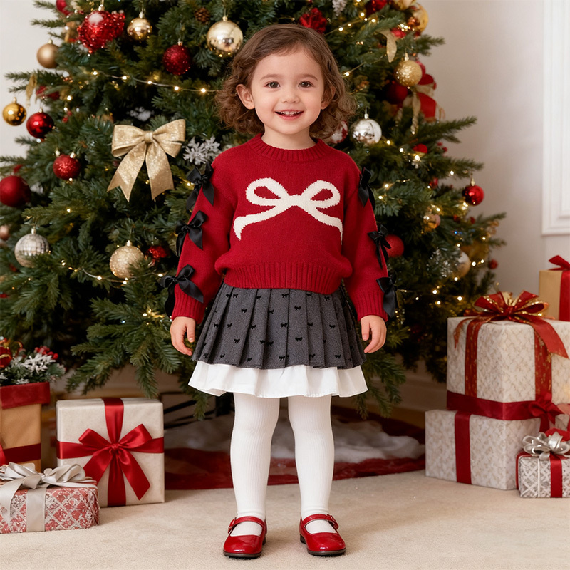 Yarn/wool Yarn Bow Pleated Long Sleeve Regular Dresses&two-piece Set - image 9