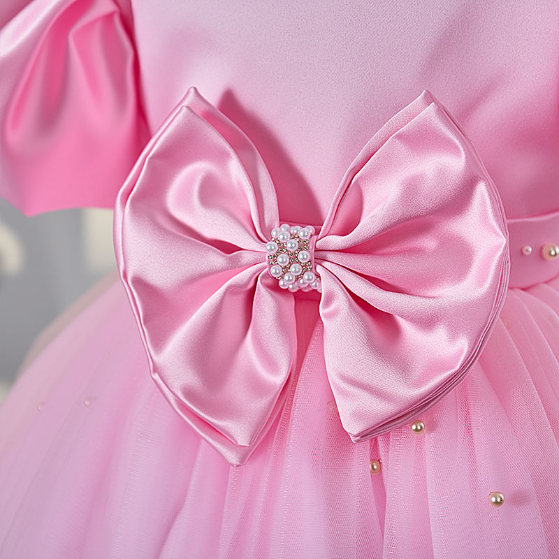 Mesh Bow Imitation Pearls Short Sleeve Mid-long Dresses - image 5