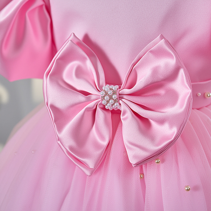 Mesh Bow Imitation Pearls Short Sleeve Mid-long Dresses - image 5