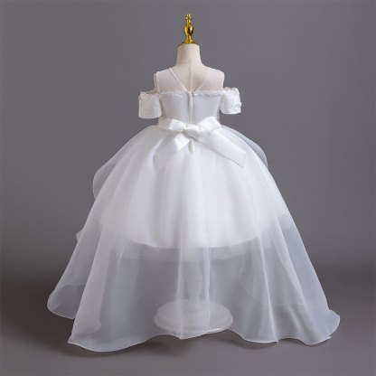 Organza Lace Bow Rosette Short Sleeve Maxi Dresses - image 3