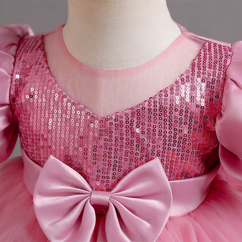 Mesh Bow Sequins Folds Short Sleeve Mid-long Dresses - image 20