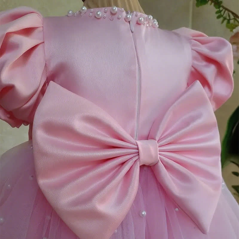 Mesh Bow Imitation Pearls Short Sleeve Mid-long Dresses - image 14