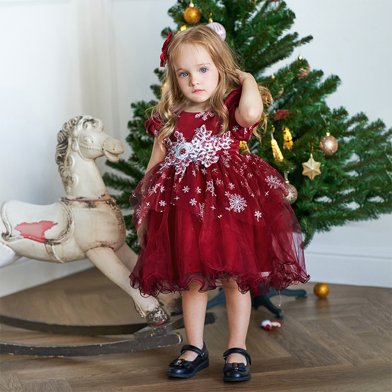 Mesh Christmas Folds Rosette Short Sleeve Mid-long Dresses - image 19