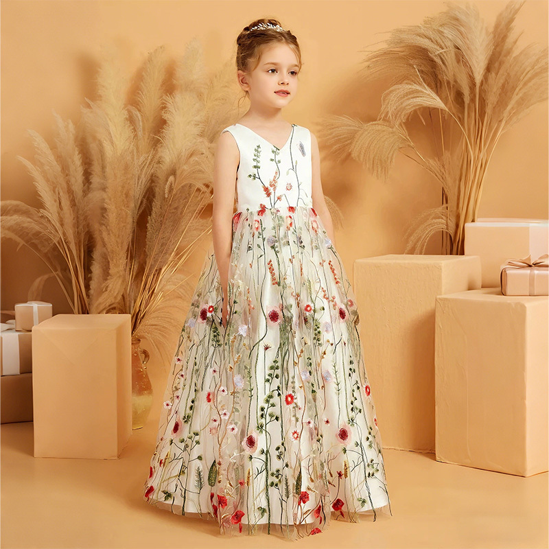 Mesh Floral-embroidered Sleeveless Long Dresses - image 3