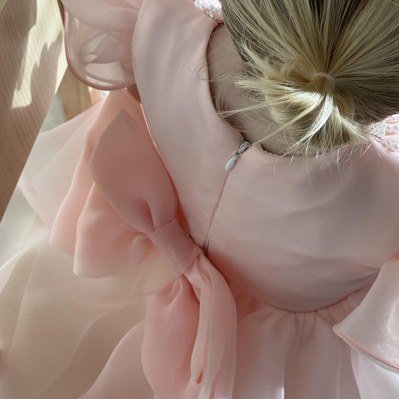 Toddler Pink Puffy Party Formal Pearls Bow Princess Dress