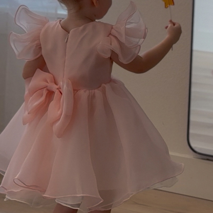 Toddler Pink Puffy Party Formal Pearls Bow Princess Dress