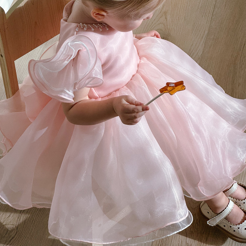 Toddler Pink Puffy Party Formal Pearls Bow Princess Dress