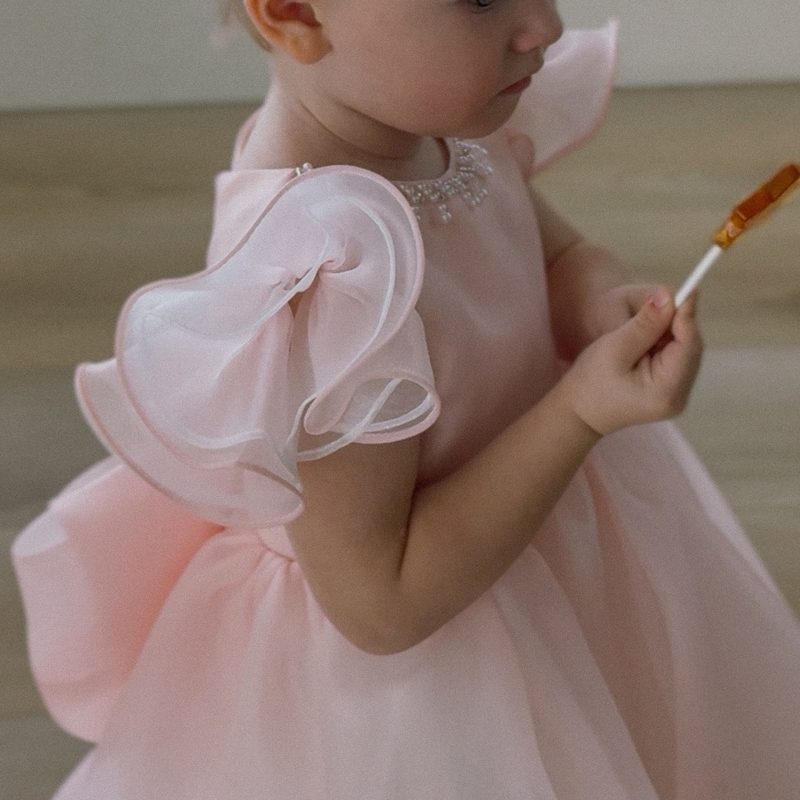 Toddler Pink Puffy Party Formal Pearls Bow Princess Dress