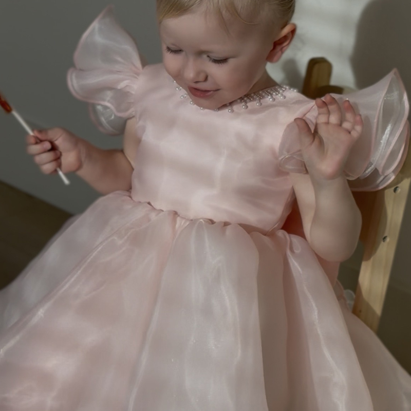 Toddler Pink Puffy Party Formal Pearls Bow Princess Dress