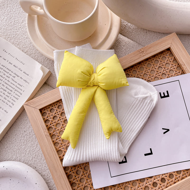 Solid With Bow Socks - White & Yellow - 22cm-24.5cm - image 7