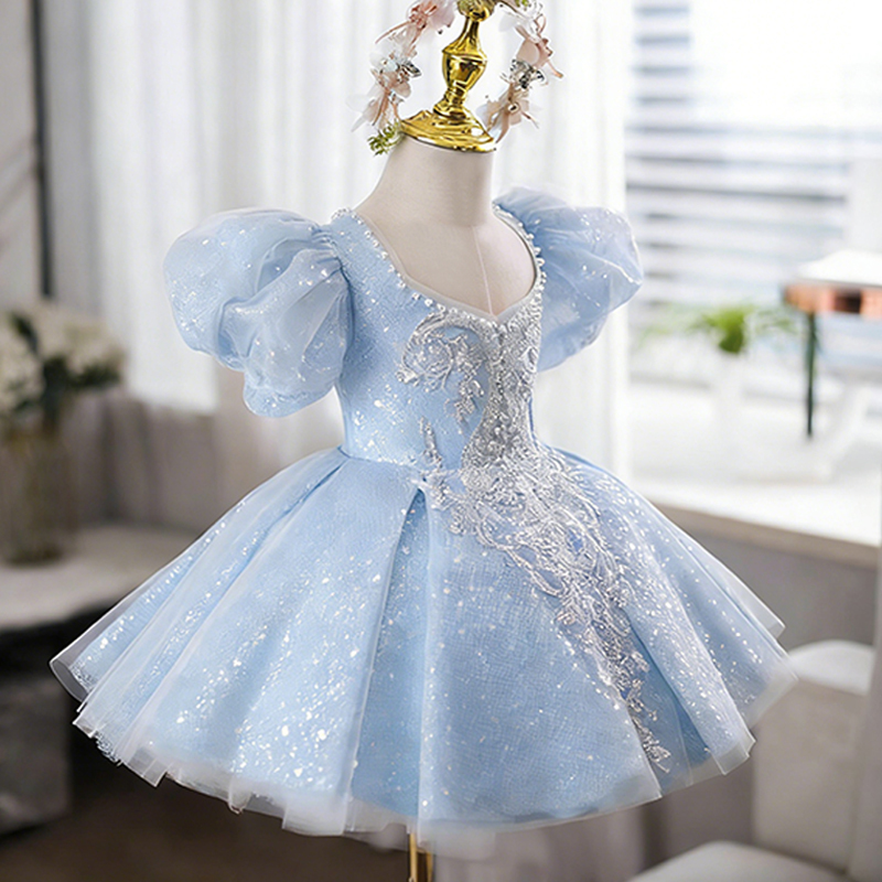 Mesh Sequins Imitation Pearls Short Sleeve Short Dresses - image 3