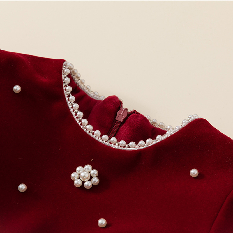 Velvet Imitation Pearls Short Sleeve Midi Dresses - image 7