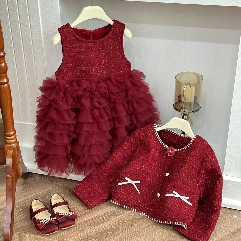 Tweed Folds Bow Long Sleeve Regular Dresses&two-piece Set - image 2