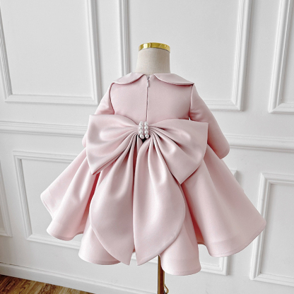 Satin Bow Imitation Pearls Long Sleeve Mid-long Dresses - image 4