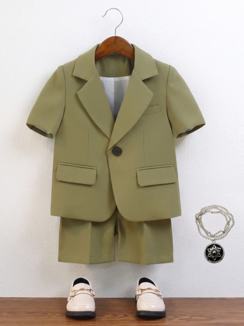 Chemical Fiber Blend Button Pocket Stitching Short Sleeve Shorts Two-piece Set - Green - 10-11Y - image 7